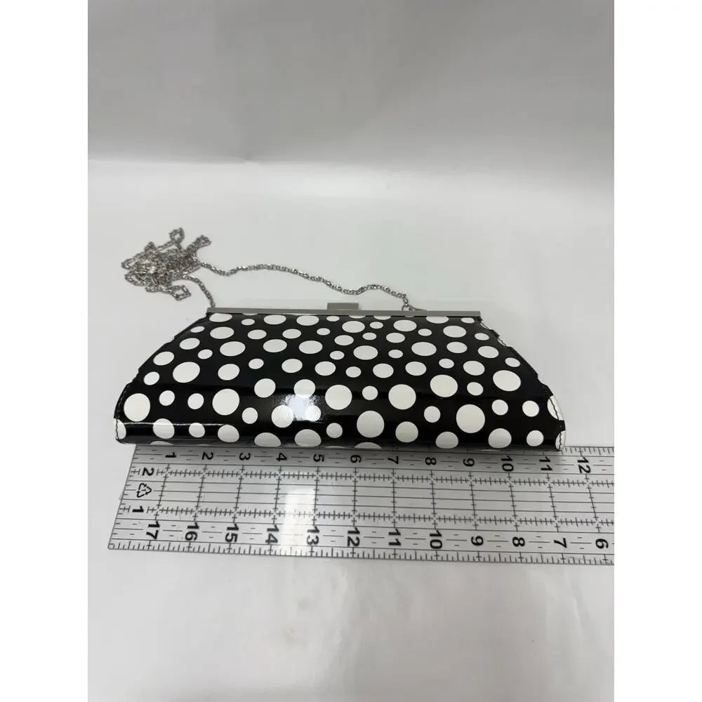 Neiman Marcus Black White Polka Dot Clutch Purse Silver Chain Shoulder Bag